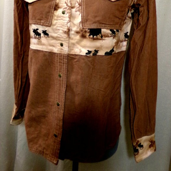 Western Snap up Shirt Jacket XS Brown Siennas Moose scene Corduroy Southwestern - Picture 5 of 7